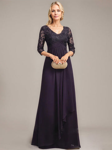 A-line V-Neck Floor-Length Lace Chiffon Mother of the Bride Dress With Cascading Ruffles Sequins