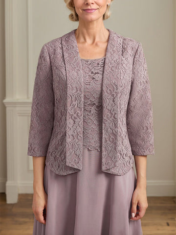 A-line Scoop Tea-Length Lace Chiffon Mother of the Bride Dress