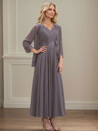 Vestido de corte A, escote en V, largo hasta el tobillo, de gasa, para la madre de la novia, con apliques de lentejuelas, encaje y pedrería.