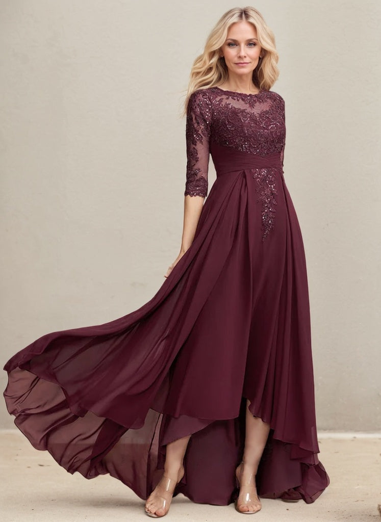 Robe de mère de la mariée asymétrique en mousseline de dentelle à effet illusion, coupe trapèze, ornée de sequins plissés 