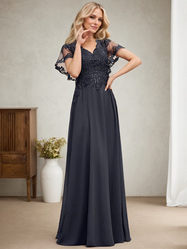 Vestido de novia de corte A, escote en V, largo hasta el suelo, de gasa de encaje con lentejuelas para la madre de la novia 