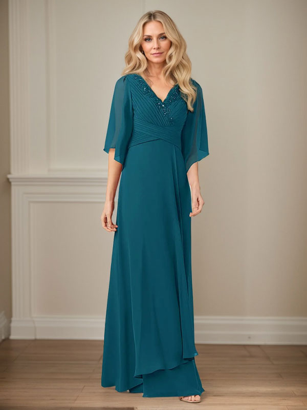Vestido de mamá largo de gasa con lentejuelas, escote en V y corte en A