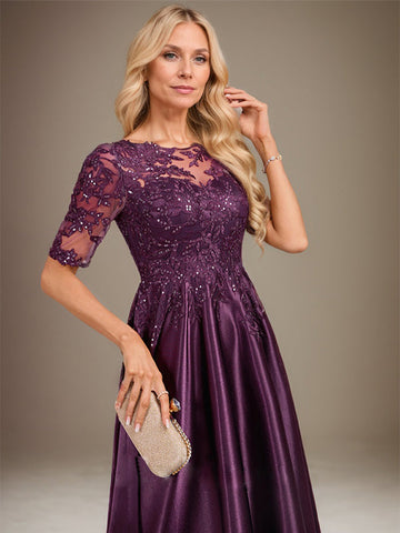 A-line Scoop Illusion Asymmetrical Stretch Satin Lace Mother of the Bride Dress With Sequins
