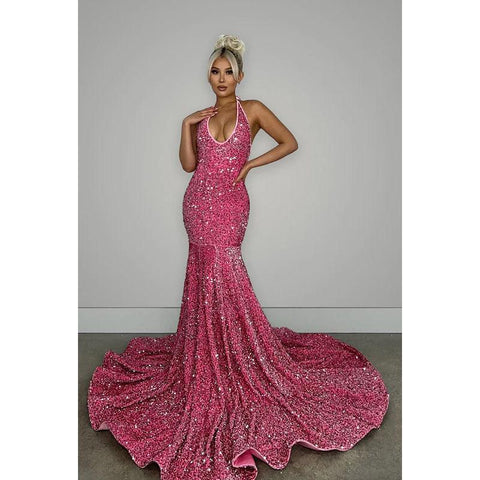 Robe de soirée longue sirène à paillettes, col en V, dos nu, avec traîne