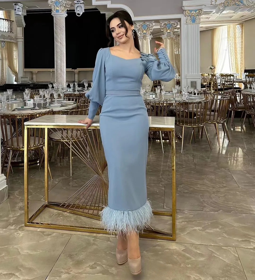 Vestido de noche sirena de moda con escote cuadrado, ideal para ocasiones especiales Y4855