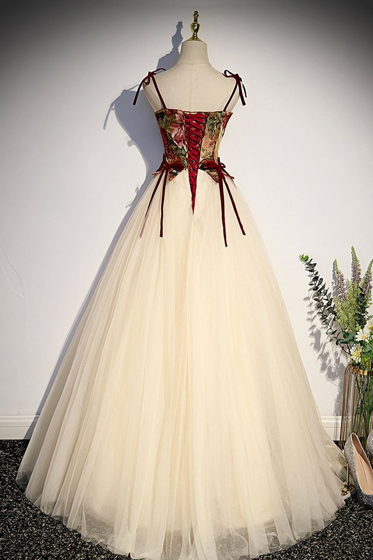 Vestido largo de fiesta de corte A, estilo gala, con tirantes finos y tul color champán Y7952