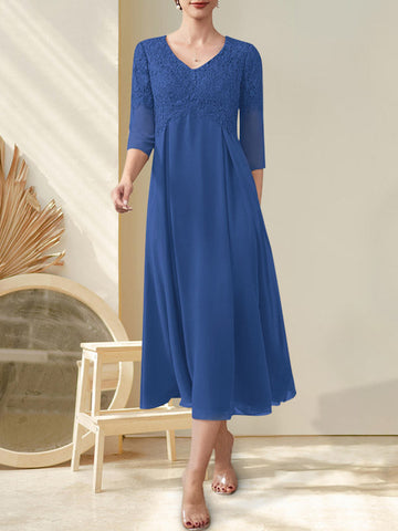 A-line V-Neck Tea-Length Chiffon Lace Mother of the Bride Dress With Beading
