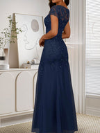 Robe sirène bleu marine foncé à sequins et tulle, décolleté rond, robe en tulle bleu marine foncé