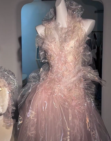 Vestido de fiesta largo de noche sin espalda, de tul rosa hada con cuentas Y8564