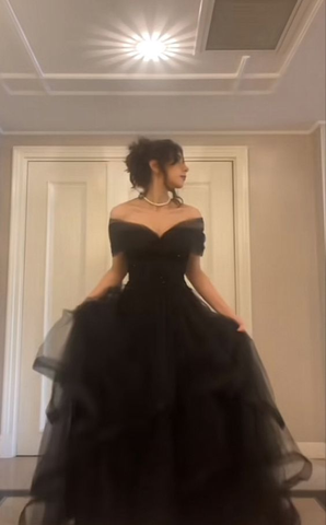 Black Off The Shoulder Tulle Long Prom Dress Black Formal Graduation Evening Dress Y7351