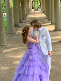 Robe de bal violette en tulle à volants, coupe trapèze, robe de soirée violette Y2604