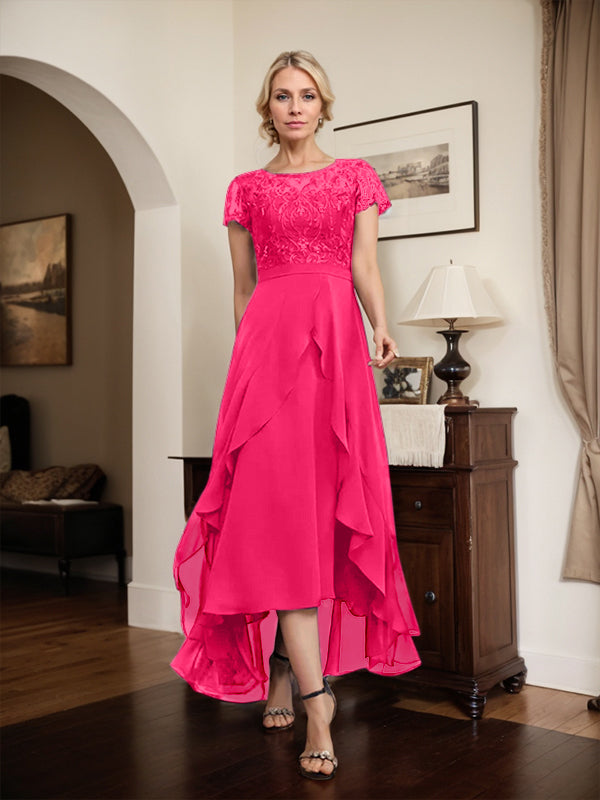 Vestido de novia asimétrico de gasa con encaje, corte en A, escote ilusión, detalle de lazo, volantes y lentejuelas para la madre de la novia 