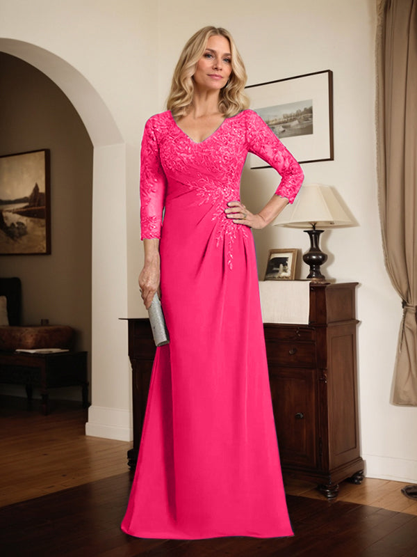 Robe de mère de la mariée fourreau/colonne en mousseline de dentelle, longue jusqu'au sol, avec décolleté en V illusion et sequins plissés 