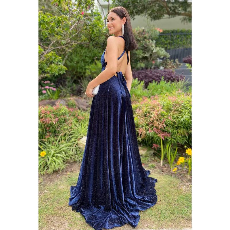 Plunging V-neck Velvet High Split Long Prom Dress
