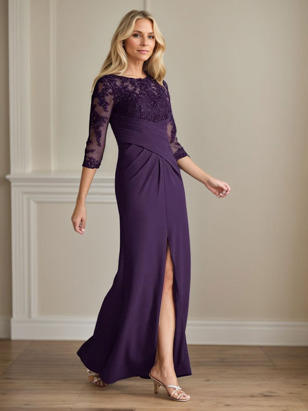 Vestido de madrina de la novia color ciruela, de encaje elástico y corte sirena. 