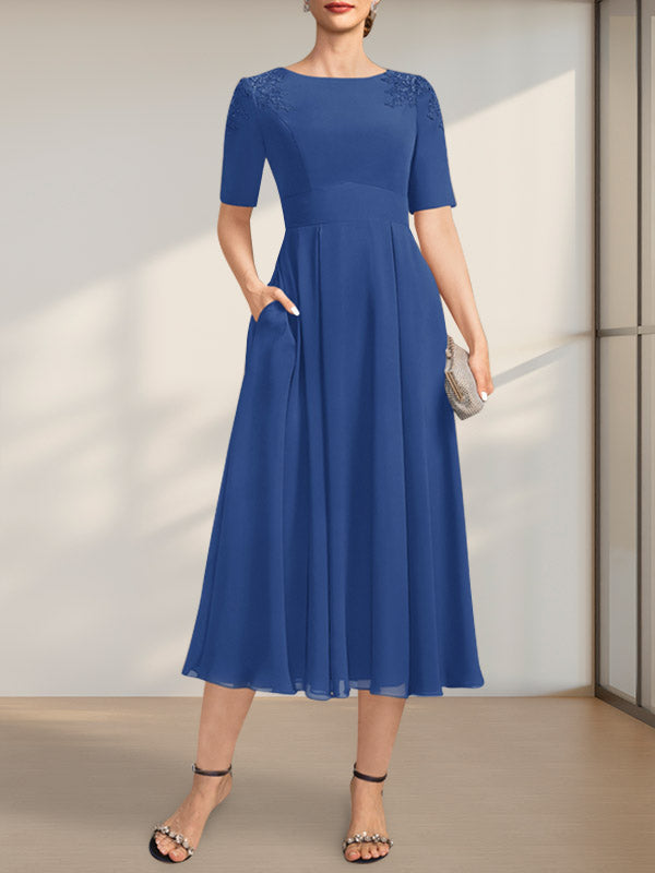 Vestido de corte A, escote redondo, largo té, de gasa, para la madre de la novia, con apliques de encaje y lentejuelas.