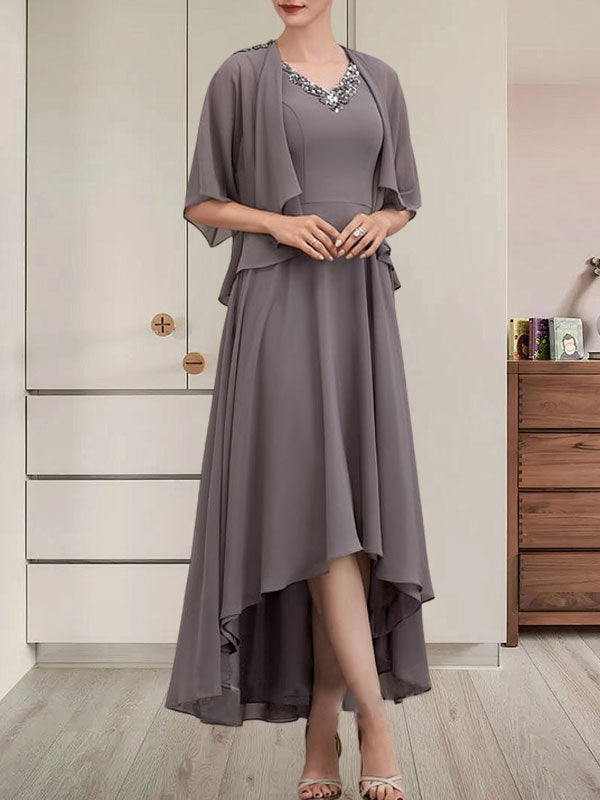 Vestido de corte A, escote en V, asimétrico, de gasa, para la madre de la novia, con lentejuelas y pedrería.
