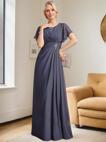 A-line Scoop Floor-Length Chiffon Mother of the Bride Dress With Pleated Beading