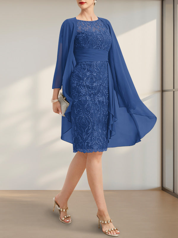 Vestido de novia de corte recto/columna, largo hasta la rodilla, de encaje y gasa, con escote ilusión, volantes en cascada y lentejuelas.