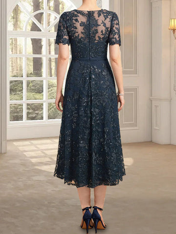 A-line Scoop Illusion Tea-Length Lace Mother of the Bride Dress With Sequins