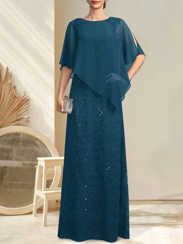 Robe fourreau/colonne longue en mousseline de soie et dentelle, ornée de sequins et de perles, pour la mère de la mariée.
