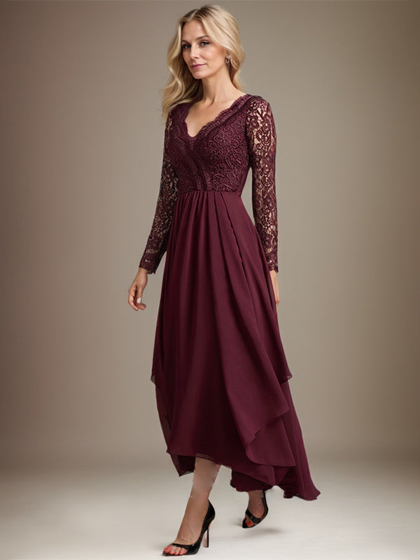 Vestido de novia de gasa con encaje asimétrico, escote en V y corte en A para la madre de la novia 