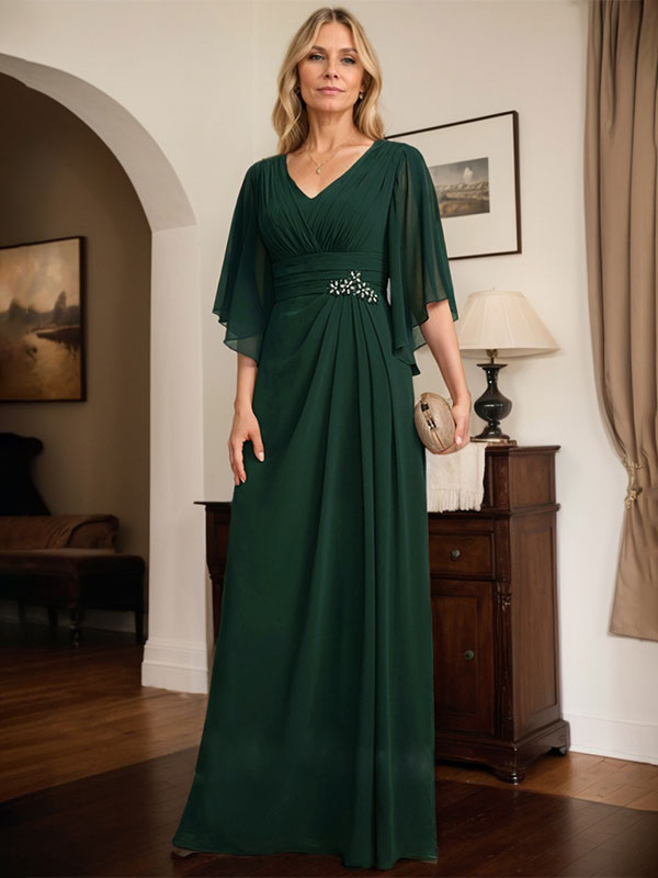 Vestido de corte recto/columna, escote en V, largo hasta el suelo, de gasa, para la madre de la novia, con lentejuelas plisadas y pedrería.