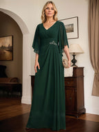 Vestido de corte recto/columna, escote en V, largo hasta el suelo, de gasa, para la madre de la novia, con lentejuelas plisadas y pedrería.