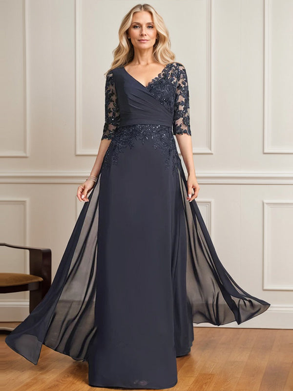 Robe de mère de la mariée en mousseline de dentelle, coupe trapèze, col en V, longueur au sol, ornée de sequins plissés 