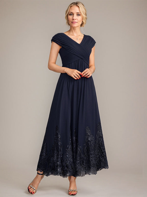 Vestido de gasa de corte evasé, escote en V, largo hasta el tobillo, para la madre de la novia, con apliques de lentejuelas. 