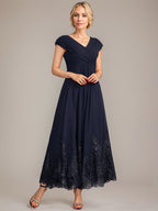 Vestido de gasa de corte evasé, escote en V, largo hasta el tobillo, para la madre de la novia, con apliques de lentejuelas. 