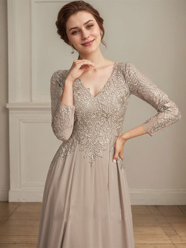 Robe de mère de la mariée en mousseline de dentelle, coupe trapèze, col en V, longueur au sol, ornée de sequins 