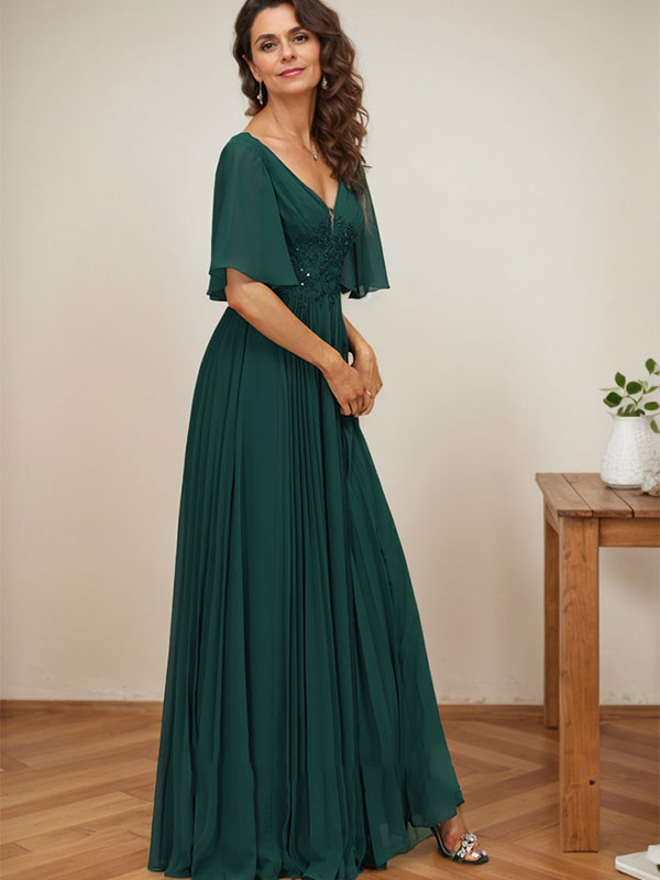 Vestido de corte A, escote en V, largo hasta el suelo, de gasa, para la madre de la novia, con apliques de lentejuelas y encaje plisado. 