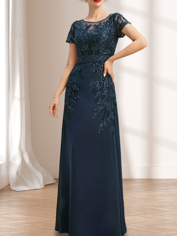 Vestido de novia de corte recto/columna, escote redondo, ilusión, largo hasta el suelo, de encaje y gasa con lentejuelas.
