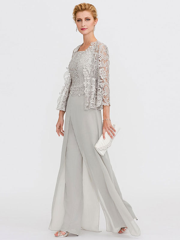 Traje pantalón de chifón de tres piezas con escote cuadrado y chaqueta para la madre de la novia 