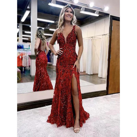 Vestido de noche azul real con escote en V y espalda abierta para fiesta de noche