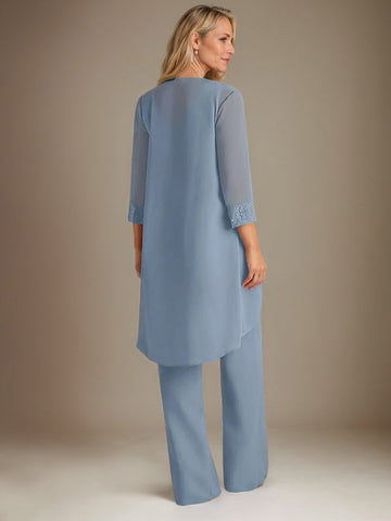 Chiffon Scoop Long Sleeves Mother Of The Bride Pantsuits With Jacket
