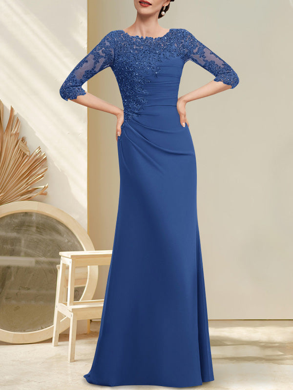 Robe de mariée trapèze en mousseline de soie et dentelle, longue jusqu'au sol, ornée de perles et de sequins plissés, idéale pour la mère de la mariée.