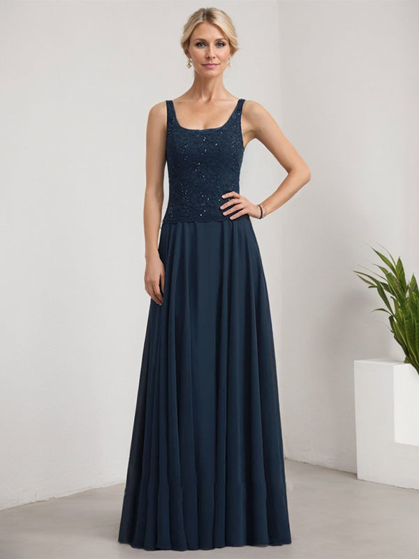 Vestido de corte A, cuadrado, largo hasta el suelo, de encaje y gasa con lentejuelas para la madre de la novia 