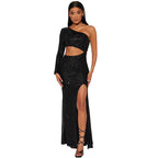 Vestido de noche sexy ajustado con un solo hombro y perlas