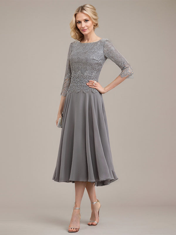 Vestido de corte A con escote redondo y largo hasta la rodilla en gasa de encaje para la madre de la novia 