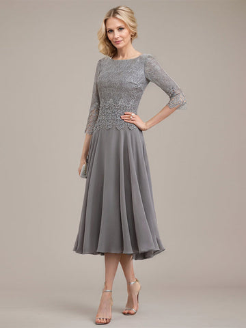 A-line Scoop Tea-Length Lace Chiffon Mother of the Bride Dress