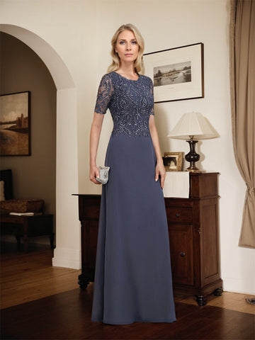 A-line Scoop Floor-Length Lace Chiffon Mother of the Bride Dress With Sequins