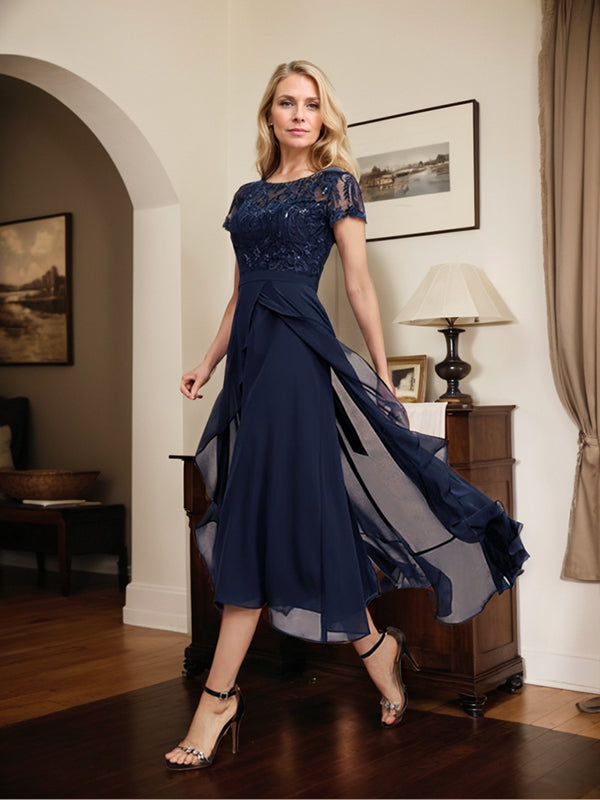 Vestido de novia asimétrico de gasa con encaje, corte en A, escote ilusión, detalle de lazo, volantes y lentejuelas para la madre de la novia 