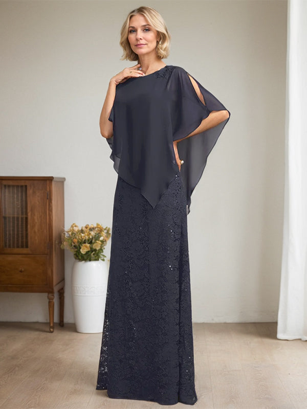Robe fourreau/colonne longue en mousseline de soie et dentelle, ornée de sequins et de perles, pour la mère de la mariée.