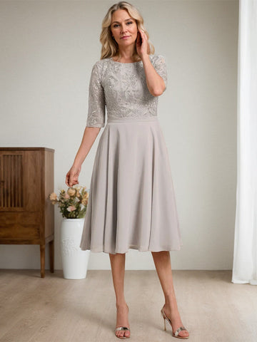 A-line Scoop Knee-Length Lace Chiffon Mother of the Bride Dress