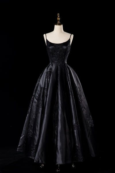 Robe de mariée noire sexy en satin à fines bretelles spaghetti, coupe trapèze, robe de soirée formelle, robe de bal Y7545