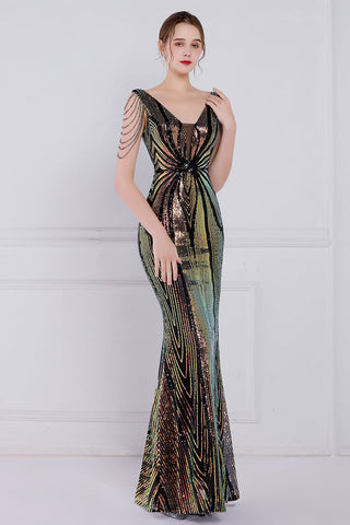 Robe de bal fourreau à sequins et franges