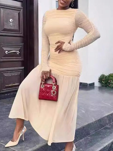 Vestidos largos de noche ajustados, plisados, transparentes, de color liso, con abertura en la entrepierna y cuello redondo. 