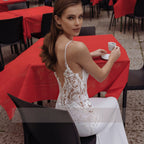Vestidos de novia de alta calidad con tirantes finos, escote en V, espalda descubierta, apliques de encaje, cola de barrido, corte sirena.